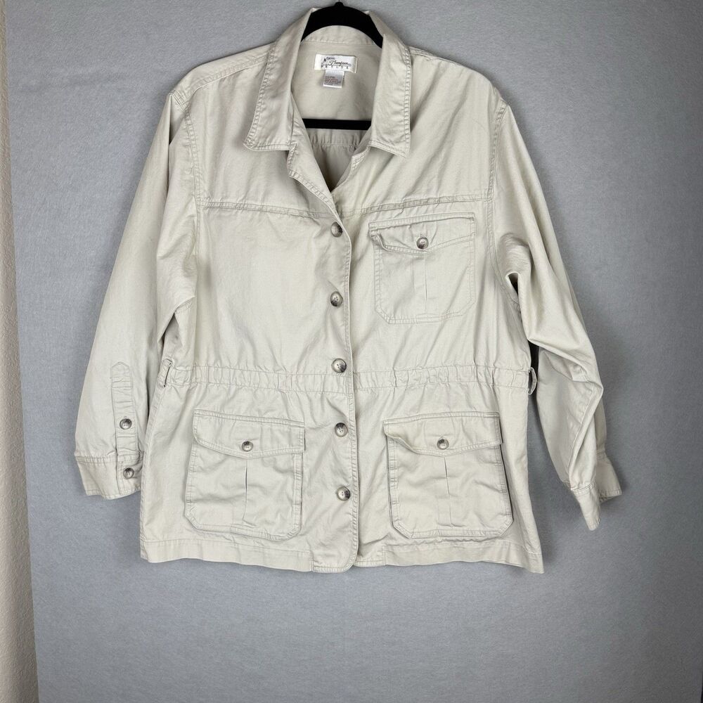 Vtg Norm Thompson Lightweight Utility Jacket‎ Cinch Waistband Khaki Sz Petite XL